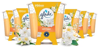 Zdjęcie produktu dla Świeca zapachowa Glade w szklanym pojemniku, zapach neutralizujący zapach tytoniu, czas palenia do 27 godzin, zestaw 6 sztuk
