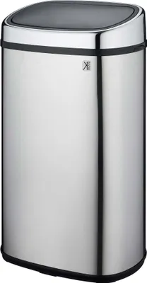 A stainless steel trash can with a black lid.