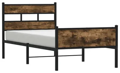 Image de Structure de lit en métal robuste, 90 x 200 cm, comprenant une tête de lit en bois et un espace de rangement en dessous
