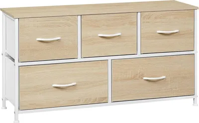 Produktbild von WOLTU Kommodenschrank 5 Schubladen, Metallrahmen Holzwerkstoff : Helle Eiche + Weiß Farbe: Helle Eiche + Weiß
