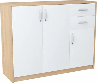 A white and wood grain sideboard with two doors and two drawers, shown from the front at a slight angle.