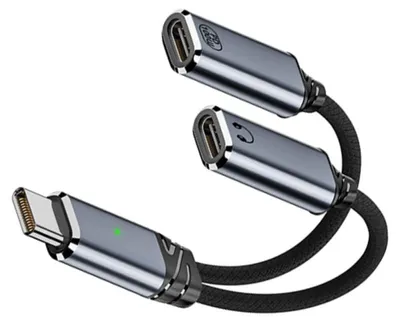 Image de INF Adaptateur Type-C 2-en-1 charge et audio compatible avec Apple — Charge rapide PD 100W, Audio USB 2.0 480Mbp, câble tressé alliage d'aluminium Gris
