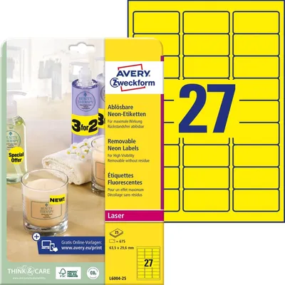 Produktbild von Avery L6004-25, Gelb, Abgerundetes Rechteck, Permanent, 63.5 x 29.6 mm, A4, Papier