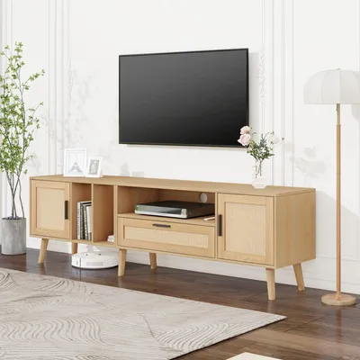 Produktbild von ODIKALO TV-Schrank Sideboard Rattan 2 Türen Schublade Massivholz 80-Zoll-Fernseher natur