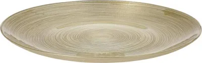 A close-up, studio shot of a round, shallow dish or plate with a textured, swirling pattern.
