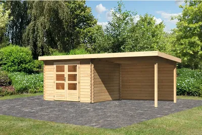 Produktbild von Gartenhaus Karibu Noorvik 5 inkl. Anbaudach 3 m, Rückwand 614 x 333 cm natur