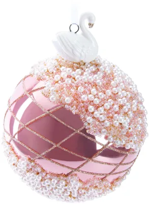 Glazen kerstbal roze met zwaan, 10 cm, handbeschilderd