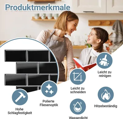 Obrázok produktu pre Samolepiace obklady ISOISL, 30,5 x 30,5 cm, sada 10 kusov, dekoratívne, čierne, vhodné do kuchyne, kúpeľne, obývačky a iných miestností