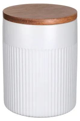 Produktbild von SCHÖNER WOHNEN-Kollektion Aufbewahrungsdose Mod. REFIA stilvolle Keramikdose 1,1 l mit Akazienholzdeckel luftdicht Ø 12 cm Höhe 15,5 cm Weiß Natur für Küche und Vorrat