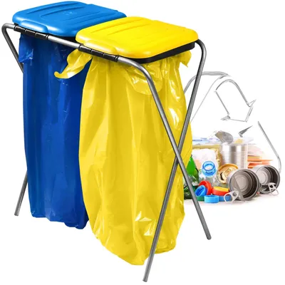 Immagine prodotto di Portasacchi per rifiuti doppio supporto per sacchi - Con coperchio - Giallo e blu - 120 litri