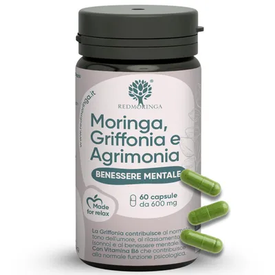 Produktbild von 5 HTP Kapseln Hochdosiert 300mg aus Griffonia - Serotonin-Support - Komplex mit Agrimonia Bachblüte, Vitamin B6 & Moringa - 60 vegane Kapseln