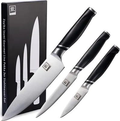 Produktbild von Zayiko 3er Messer-Set - Klingenlängen von 8,50 cm bis 20,00 cm I Scharfe Küchenmesser und Profi Kochmesser aus deutschem Stahl mit ABS Griff und Geschenkbox Serie Zayiko NAMI