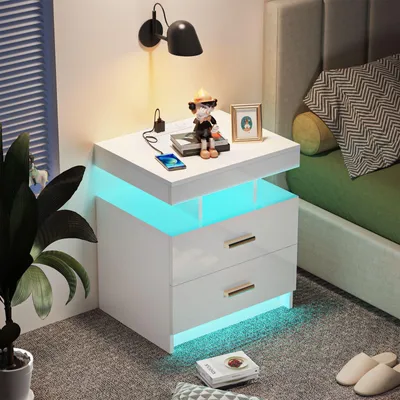 Produktbild von Nachttisch mit Steckdose,Nachtschrank mit Led Licht,Einstellbare Farben,Nachtkommode mit 2 Schubladen,Weiß Hochglanz Beistelltisch Kommode 40x35x58cm