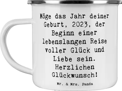 Produktbild von Mr. & Mrs. Panda Pott Spruch 2023 Geburtstag - Weiß - Geschenk, Tasse Emaille, Kaffeepott, Geburtstagsgeschenk, Teetasse, Geburtstagsdekoration, Glückwunsch, Herzlichen