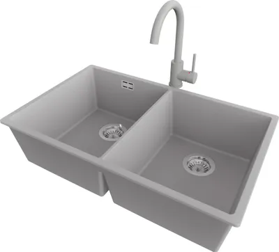 Produktbild von PRIMAGRAN Unterbauspüle Granit Grau 76x47cm, Spülbecken 2 Becken + Küchenarmatur 32x20cm + Ablauf-Set, Granitspüle ab 80er Unterschrank - London Twin