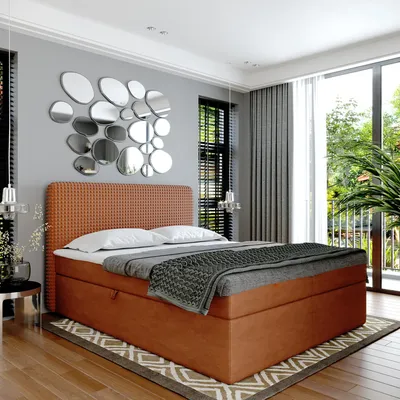 Produktbild von Boxspringbett Doppelbett SUZI  - Bett mit Bonellmatratze, mit Bettkasten f r Bettw sche und Topper. Gepolstertes Kopfteil mit Einer Eleganten Weichen Kissendesign (safran, 180x200)