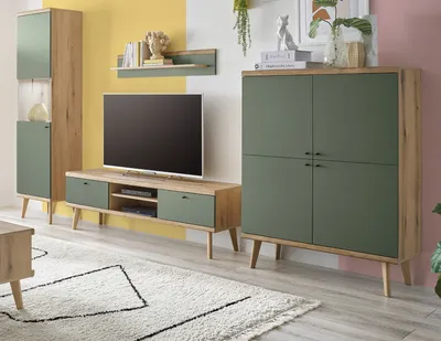 Produktbild von Wohnwand "Juna" in Salbei und Evoke Eiche Wohnkombination skandinavisch 4-teilig 337 cm