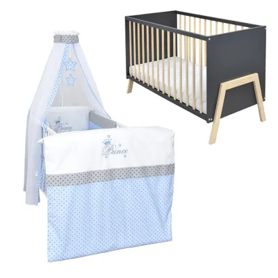 Produktbild von Babybett Kinderbett Gitterbett Juna 60x120 Anthrazit Schutzgitter Matratze Bettwäsche Set 10tlg  Prince Stars
