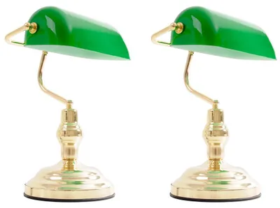 Produktbild von 2er Set Antike Schreibtischlampen aus Messing mit grünem Glas