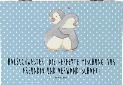 Produktbild von Mr. & Mrs. Panda Holztruhe Halbschwester Glück 22 x 15 cm - Blau Pastell - Geschenk, fotobox, Patchworkfamilie, Jubiläen, Familie, Freundin, Geschwisterbeziehung, Kiste