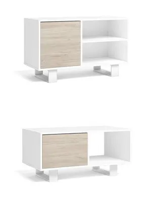 Image de WIND Ensemble de Meubles, Buffet-Meuble TV100-Table Basse Blanc et Chêne, Pieds blancs