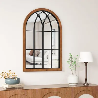 Produktbild von Wandspiegel mit Rahmen Bogenfenster-Spiegel aus Tannenholz Dekospiegel 90 x 60 cm zum Aufhaengen Holzrahmenspiegel Fensterspiegel für Schlafzimmer Wohnzimmer Flur