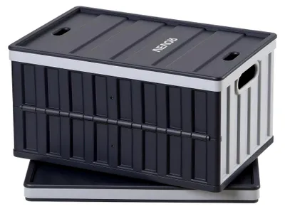Produktbild von Faltbare Aufbewahrungsboxen 65 L im 2er-Set, Kunststoff, Stapelbare Klappkörbe mit Deckel, Tragfähigkeit 38 kg pro Box, Ideal für die Organisation im Haushalt, Grau & Schwarz