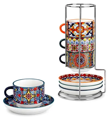 Produktbild von Espressotassen Set 4er, 90 ml Kaffeetassen mit Untertassen & Ständer, Stapelbar Dickwandig aus Porzellan für Kaffeegetränke, Cappuccino, Latte, Tee