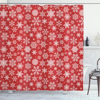 Produktbild von ABAKUHAUS rot Duschvorhang, Kristall Schneeflocken und Sterne Motive Lebhaft Modern Klarer Druck, 175 x 240 cm, Weiß Rot