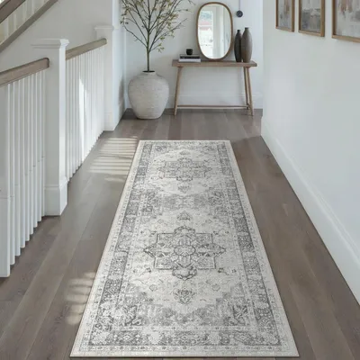 Productafbeelding van Läufer vloerkleed, grijs, vintage stijl, 60x180 cm, wasbaar, antislip, polyester