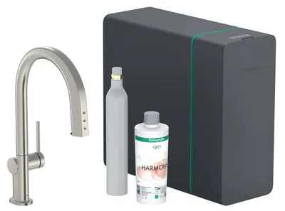 Zdjęcie produktu dla Hansgrohe Aqittura M91 - Bateria zlewozmywakowa z wyciąganą wylewką, SodaSystem, sBox, wykończenie stal nierdzewna 76806800