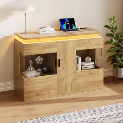 Productafbeelding van MODFU Dressoir met glazen deuren, woonkamerkast met LED-verlichting (16 kleuren) en oplaadstation, opbergkast met veel opbergruimte, 120 x 40 x 79,5 cm, houtlook