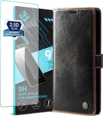 Produktbild von Handyhülle für Samsung Galaxy S24 Ultra mit 9H Displayglas Kunstleder Flip Vintage Cover Hülle RFID Schutz Case Kartenfach Farbe: Dunkelbraun