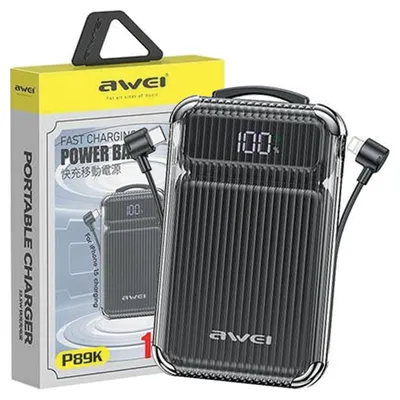 Productafbeelding van Awei Powerbank P89K 10000mAh 38,5W, zwart/zwart + kabels (PD/Lightning)