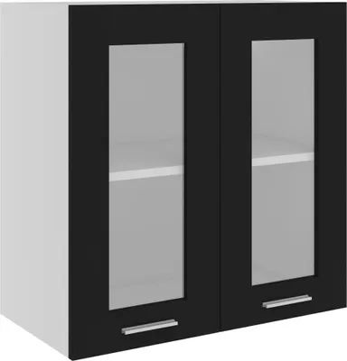 A product shot of a black and white wall cabinet with glass doors.