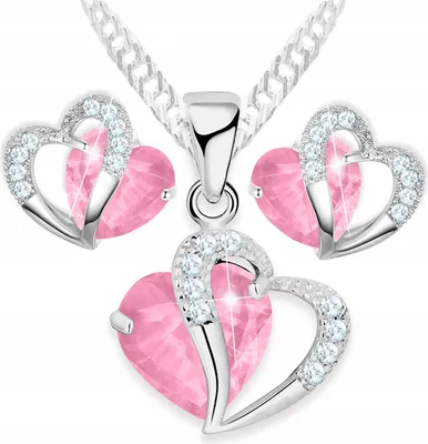 Image de Ensemble collier et boucles d'oreilles en argent avec cœurs en cristal rose, argent 925