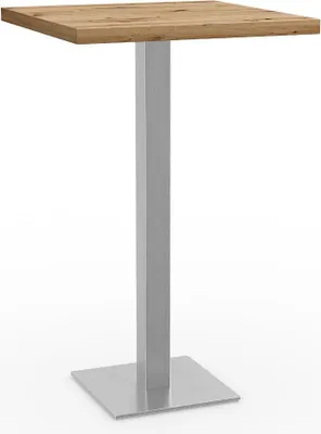 A square-top bar table with a wooden surface and a metal pedestal base and stem, presented against a white background.