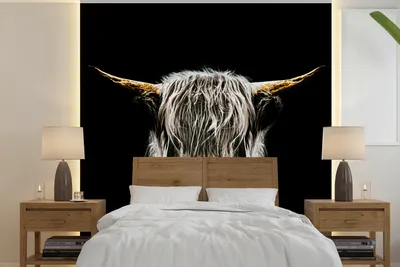Produktbild von MuchoWow® Fototapete für Wohnzimmer oder Schlafzimmer Wandtapete Vinyl Motivtapete Schottischer Highlander - Schwarz - Weiß - Hörner - 240x240 cm - Schlafzimmer-Tapete