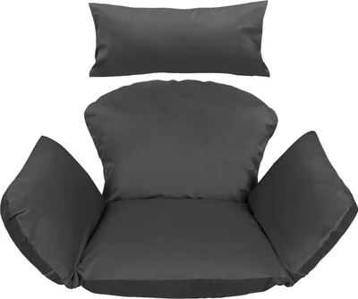 A set of dark gray cushions for a hanging chair, including a back cushion and two side cushions, laid out on a white background.