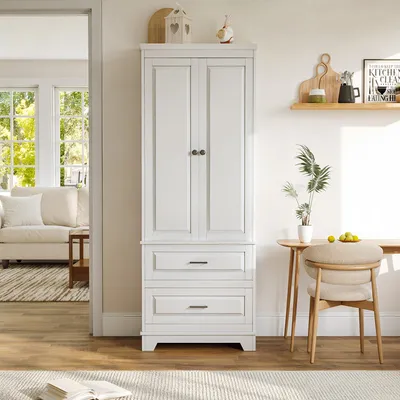 Immagine prodotto di Armadio alto UnboxG, bianco, con 2 ante, ripiani interni regolabili e 2 cassetti, mobile multifunzionale per bagno, camera da letto, cucina, soggiorno