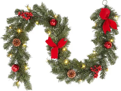 Produktbild von Weihnachtsgirlande 180 cm – Grüne Girlande mit Lichterkette, Weihnachtsdekoration für Innen und Außen