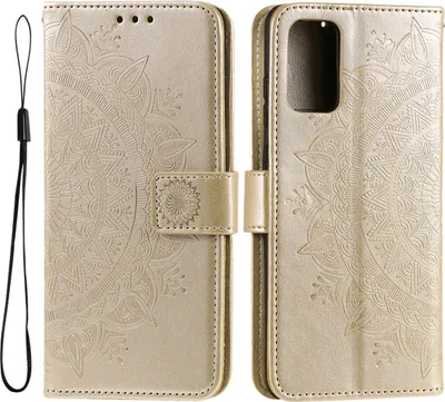 A gold flip case for a phone with a mandala pattern.