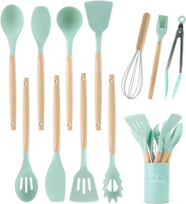 Imagen del producto de Juego de utensilios de cocina, de 12 piezas, resistente al calor, con soporte para utensilios de cocina, de silicona, apto para lavavajillas, para la cocina