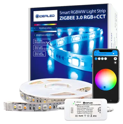 Imagen del producto de Tira de luces LED RGBWW inteligente ZigBee 3.0 de 5 metros, regulable, con control por voz a través de la aplicación o Alexa, con luz blanca fría y blanca cálida