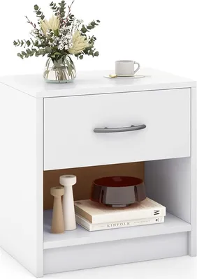 Immagine prodotto di Comodino con cassetto, tavolino moderno con cassetto estraibile, vano portaoggetti aperto e tappetini antiscivolo, tavolino portaoggetti, bianco