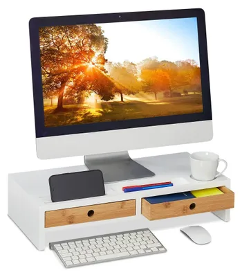 Immagine prodotto di Supporto per monitor - Con 2 cassetti - Bambù e MDF - Bianco e naturale