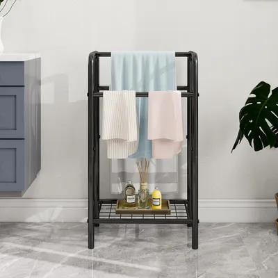 Obrázok produktu pre Samostatne stojaci držiak na uteráky, 3 úrovne, čierna farba, rozmer 43 x 27 x 76 cm