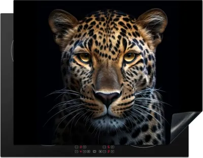 Produktbild von KitchenYeah© Herdabdeckplatte Tiere - Leopard - Porträt - Schwarz , 77x59cm, Küche Deko, Glaskeramikkochfeld Herdabdeckung, Abdeckplatte fùr Kochfeld