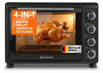 Produktbild von Sommertal Minibackofen 30 Liter mit Drehspieß & Umluft, 1500W, Hähnchengrill, Backen, Grillen & Pizza, Campingbackofen, 100–230°C, inkl. Zubehör