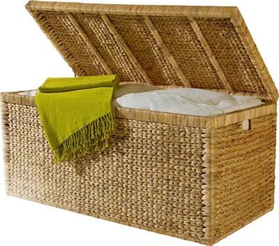 Produktbild von Truhe mit Klappdeckel 110 cm, atmungsaktiv, natur, Nachhaltige Aufbewahrungsbox mit Deckel Aufbewahrungskiste Aufbewahrungstruhe Wäschetruhe Auflagenbox